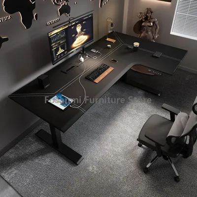 Electric Boss Seven-shaped Office Desks Large Motion Computer Desk Table Adjustable Height Gaming Desk with LED Display for Home