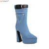 Denim Cowboys tiefel Frauen mit Tasche 2024 Mode Winter High Heels Schuhe helle Linie Pointd Toe Stiefeletten plus Größe 45