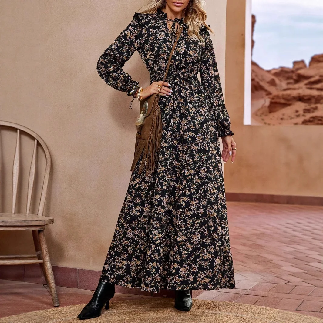 2025 Abiti autunnali per le donne Nuovo colletto arricciato a maniche lunghe Abito da donna Stampa Lace-up A-LINE Abito da donna Abiti De Mujer