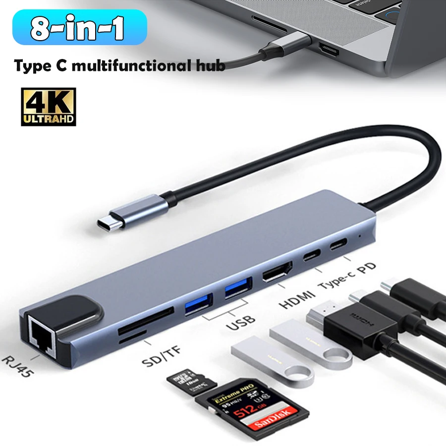 USB Typ C Hub Thunderbolt Dockingstation 8-in-1 USB-Splitter USB C HDMI RJ45 USB3.0 2.0 SD/TF-Karte für MacBook Mac Laptops PC Image