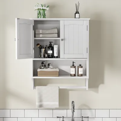 Bathroom Kitchen Cabinet Wall-mounted Towel Rack, Bathroom Medicine Cabinet With 2 Adjustable Shelves White