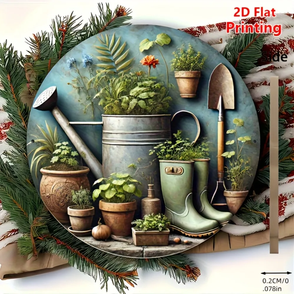 2D-Flachdruck | Gartengeräte und kreisförmige Topfschilder | Wanddekoration aus Holz | Geeignet für den Heimgebrauch | Garten
