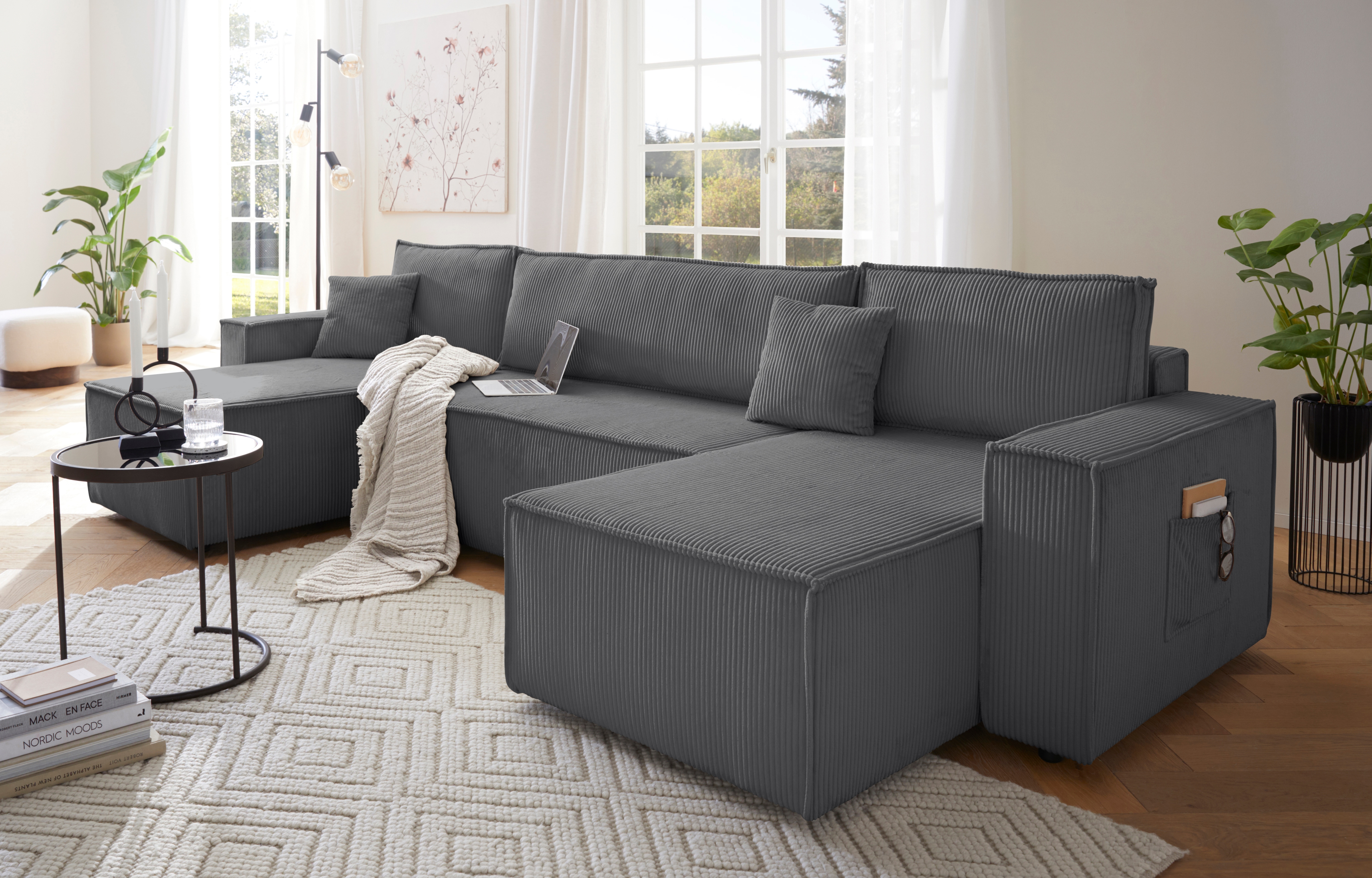 Wohnlandschaft OTTO HOME "CASSI, 311 cm, U-Form, Schlafsofa, Bettkasten, Boxspringfederung, Cord", anthrazit, B:311cm H:79cm T:145cm, Sofas, Wohnlandschaft, Schlaffunktion (133/270cm), Bettkasten, Seitentaschen, Cord-Bezug, Topseller