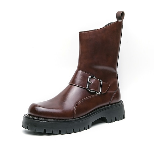 Herrenstiefel aus PU-Leder mit halbhoher Wadenhöhe und Schnallenriemen dicke Sohle für urbanen Stil und Haltbarkeit Image