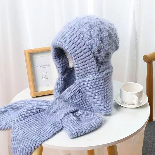 integrierter Ohrenschutz winddichter Mützenschal Damen Wintermütze und Schal Strickmütze Fleece gefüttert verdickte Beanie mit Schal warme Häkel-Zopfmuster Vollabdeckung Outdoor-Kaltwetter-Accessoires Image