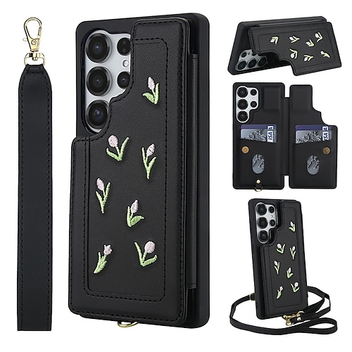 Handy Hülle Handyhüllen Für Samsung Galaxy S26 Ultra Plus S25 S24 S23 Ultra Plus A56 A36 A16 A55 5G A35 5G A15 Rückseite mit Trageriemen Ständer Kartenfach Retro Blumendruck TPU PU-Leder Image