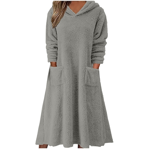 Damen Midikleid A Linie Kleid Figurbetontes Kleid Lässig Täglich Lässiger Schnitt Einfach Langarm Mit Kapuze Schwarz Wein Braun Armeegrün Herbst Winter Image