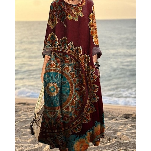 Damen Langes Kleid Maxikleid Boho-Kleid Freizeitkleid Druckkleid Elegant Mode Modern Täglich Outdoor Strand Normale Passform Grafik Langarm Rundhalsausschnitt Blau Rote Orange Braun Frühling Herbst Image