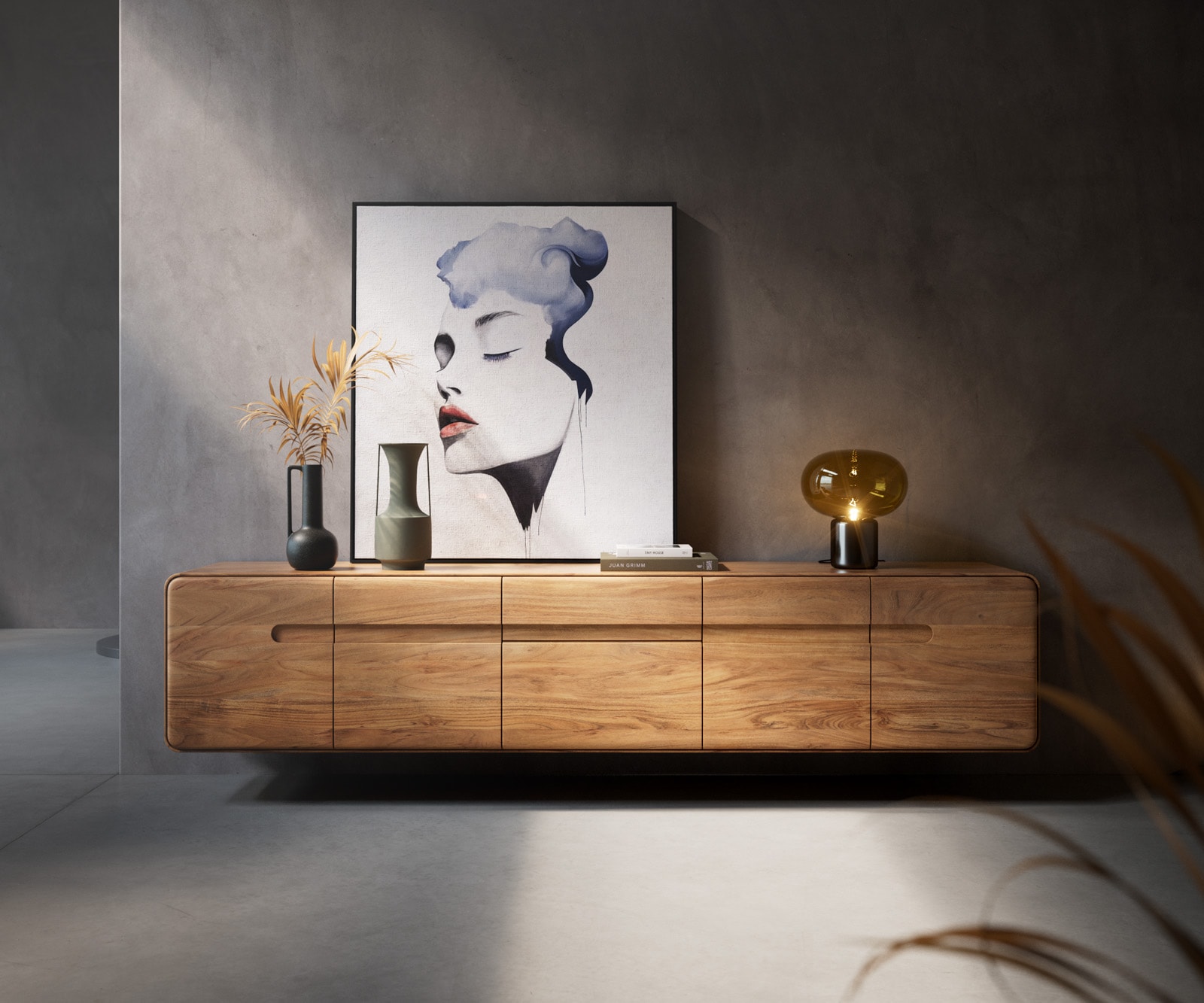 DELIFE Lowboard Anaya 220 cm Akazie Natur 4 Türen 2 Schubladen Schwebend, Lowboards Image