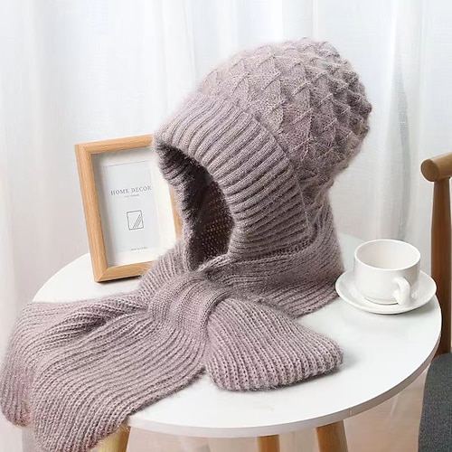 integrierter Ohrenschutz winddichter Mützenschal Damen Wintermütze und Schal Strickmütze Fleece gefüttert verdickte Beanie mit Schal warme Häkel-Zopfmuster Vollabdeckung Outdoor-Kaltwetter-Accessoires Image