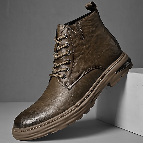 Herren Stiefel Retro Spaziergang Vintage Täglich PU Bequem Mittelstiefel Schnürung Schwarz Khaki Frühling Herbst Image