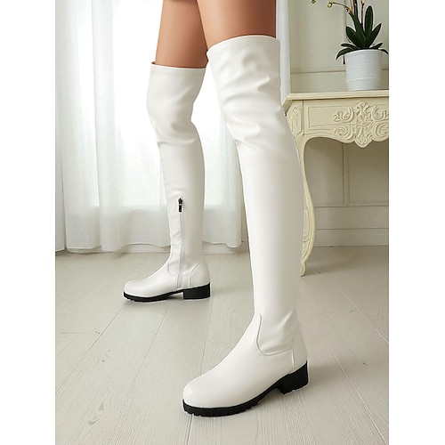 Rote Overknee-Stiefel für Damen – Overknee-Stiefel aus Kunstleder mit flachem Absatz und seitlichem Reißverschluss für Cosplay, Kostümpartys und Weihnachts-Streetwear Image