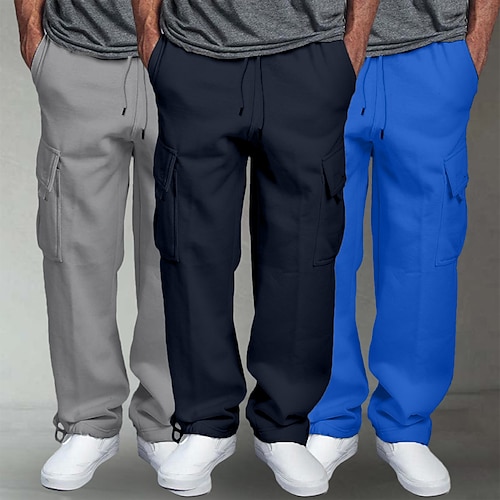 Herren Cargo-Jogginghose Fleecehose Jogginghose Hose Gerade geschnittene Sweatpants Kordelzug Elastischer Bund Mehrere Taschen Einfarbig Winddicht Außenbereich Volle Länge Outdoor Lässig Täglich Mode Image