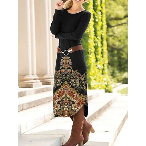 Damen Maxikleid Etui-Kleid Shiftkleid Party Lässig Boho Party Hochzeitsgast Täglich Normale Passform Blumen Grafik Paisley-Muster Langarm Rundhalsausschnitt Schwarz Braun Grün Frühling Herbst Winter Image