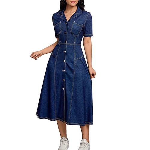 Damen Midikleid Jeanskleider Hemdblusenkleid Freizeitkleid Mode Modern Täglich Outdoor Ausgehen Normale Passform Einfach Kurzarm Hemdkragen Dunkelblau Frühling Herbst Image