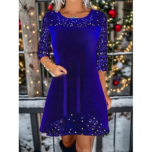 Damen Samt Mini Kleid A-Linie Kleid Lässig Alltag Reguläre Passform Einfarbig Langarm Rundhalsausschnitt Wein Königsblau Grün Frühling Herbst Winter Image
