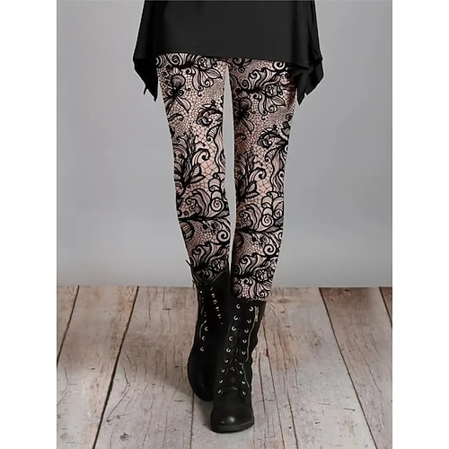 Damen Leggings Urlaub Vintage Mode Volle Länge Hohe Taille Grafik Abstrakt Drucken Thermowarm Weich Atmungsaktiv Dehnbar Täglich Outdoor Urlaub Dunkelrot Rosa Blau Purpur Frühling Herbst Winter Image