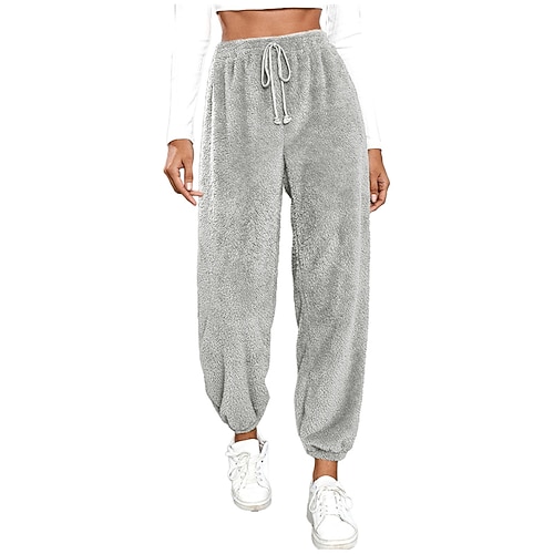 Damen Jogginghose Fleecehose Chinos Urlaub Vintage Streetwear Volle Länge Mittlere Taillenlinie Einfach Tasche Elastischer Bund Thermowarm Mikroelastisch Dehnbar Täglich Outdoor Urlaub Hellgrau Image
