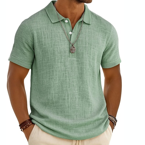 Herren Leinenhemd Poloshirts Urlaub Lässig Klassisch Kurzarm Mode Einfarbig Knöpfe Sommer Frühling Normale Passform Schwarz Weiß Hellgrün Grau Marineblau Khaki Leinenhemd Image