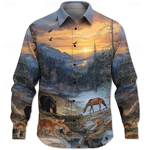 Herren Tiermotiv Tierwelt Natur Landschaft Hemd Knopfhemd Langarm Ethnisch Vintage-Retro Outdoor Campen und Wandern Jagd Frühling Herbst Umlegekragen 3D-Druck Leinenähnliches Hemd Blau Image