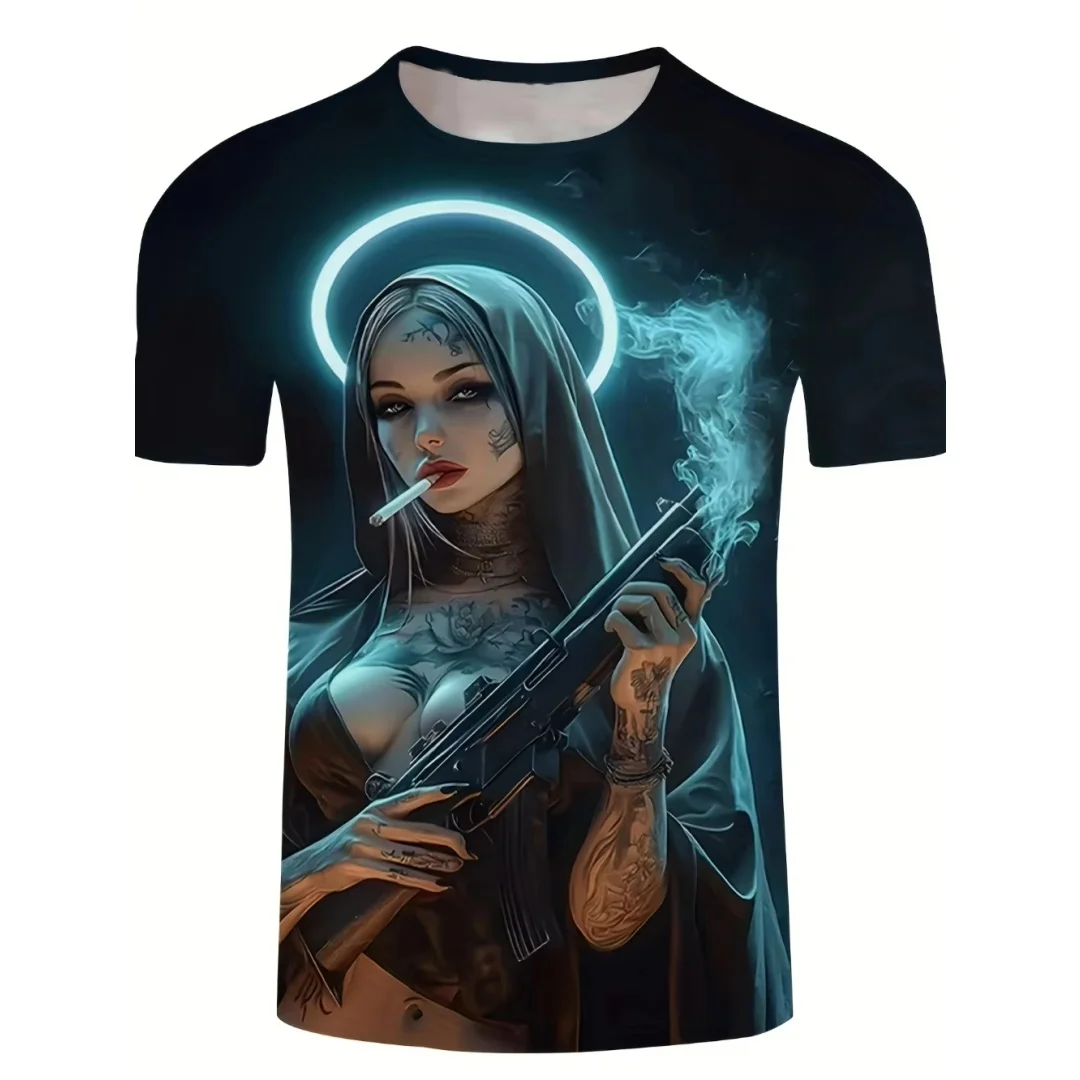 Tätowierte Nonne Gothic Grafik T-Shirt 3D-Druck Sommer Freizeit Trocken schnell Herren T-Shirt Kinderkleidung T-Shirt Y2k Frau