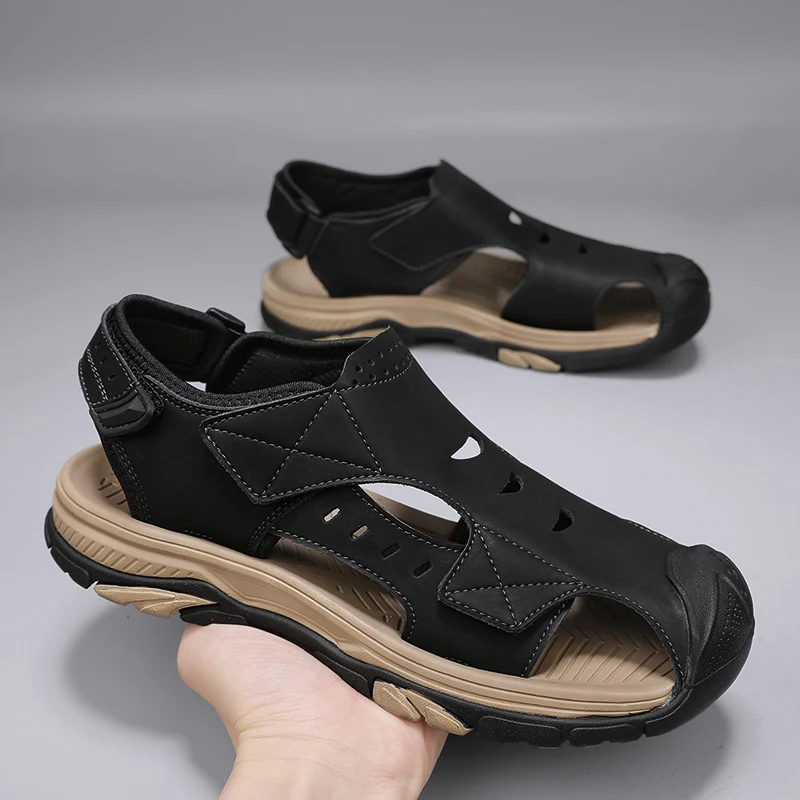 Neue Sommer Sandalen Atmungs Mode Männer Schuhe Aus Echtem Leder Outdoor Mann Hohl Sandalen Gleitschutz Strand Sandalen Wohnungen Schuhe