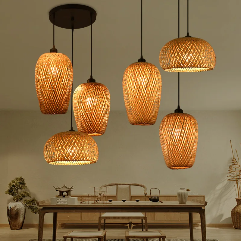 Handgemachte Rattan Bambus LED Pendel leuchten Vintage gewebte Kronleuchter E27 Glühbirne hängen Pendel leuchte Restaurant Suspension Glanz