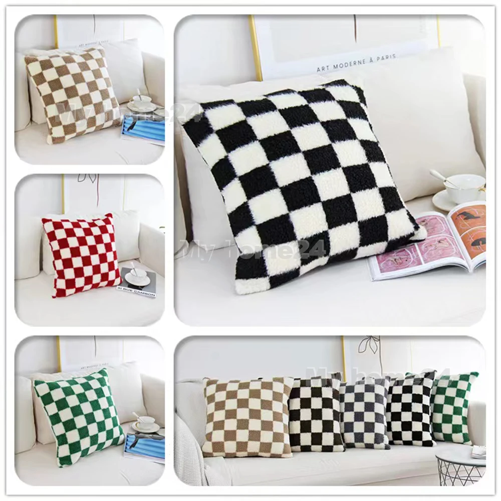 1Pc 45*45cm 50*50cm Schachbrett Plaid Plüsch Kissen Abdeckung Gestrickte Auto Sofa Werfen Kissen abdeckung Kurze Fleece Kissenbezug Kissen Image