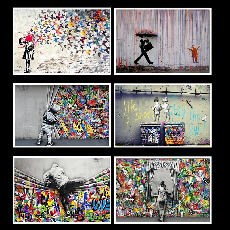 The Boy Behind The Curtains Graffiti Poster Banksy Street Art Funny Monkey Canvas Painting Print Wall Art for Home Bedroom De