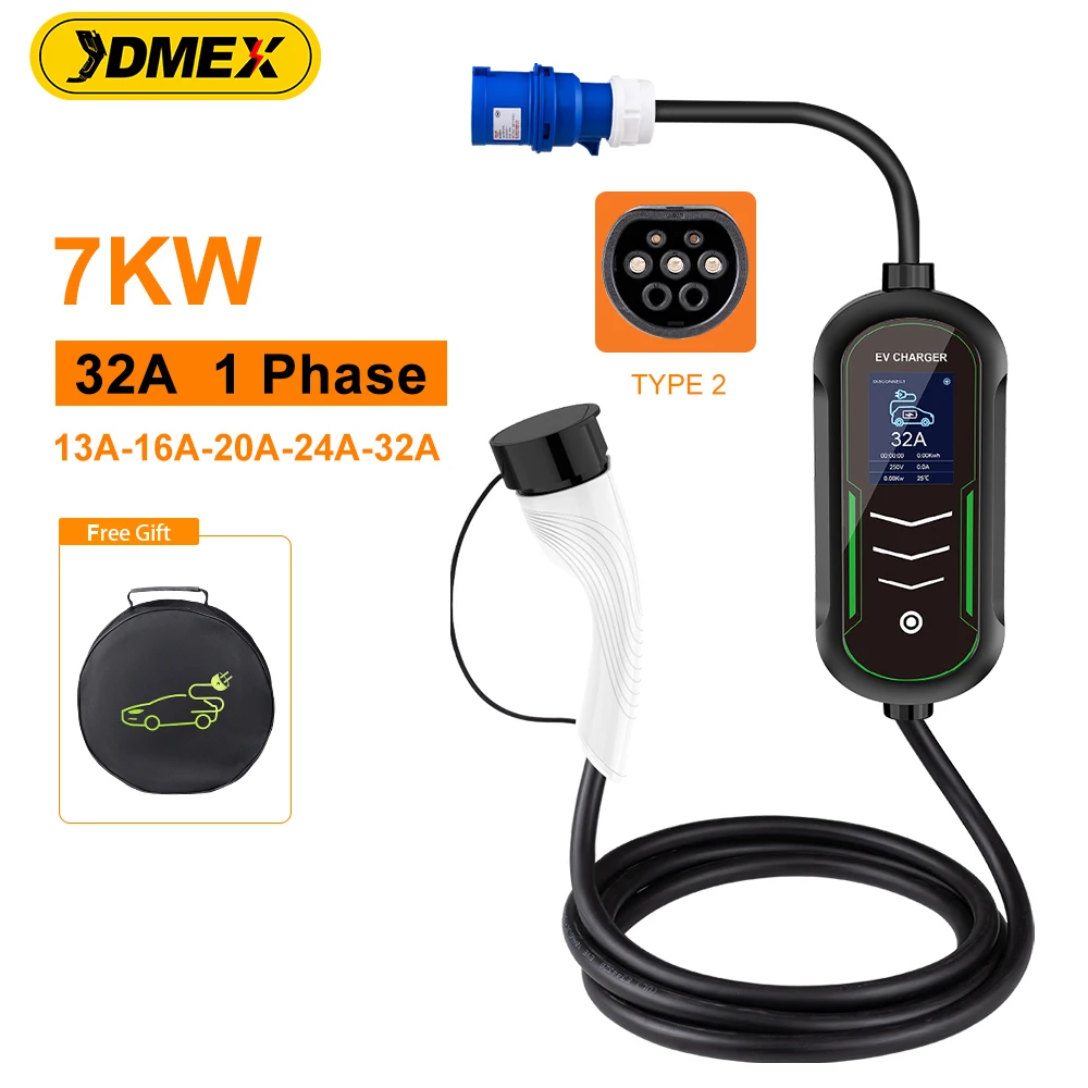 Jdmex 32a 7kw ev tragbares Ladegerät Typ2 1-Phasen-Evse-Laden einstellbarer Strom Smart Timing Elektroauto Ladegerät 3,5 Kabel Image
