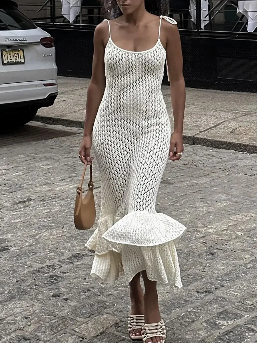 Elegantes, rückenfreies, strickendes Bikini-Vertuschungskleid, einfarbig, Doppelvolants, Slip-Kleid, modisch, aushöhlen, Strandmode, zum Binden Image