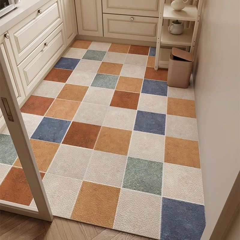 Retro Plaid Kitchen Floor Mat Oil-proof Waterproof PVC Leather Carpet Fashionable Home Decoration Free-cut Balcony Rugs Alfombra