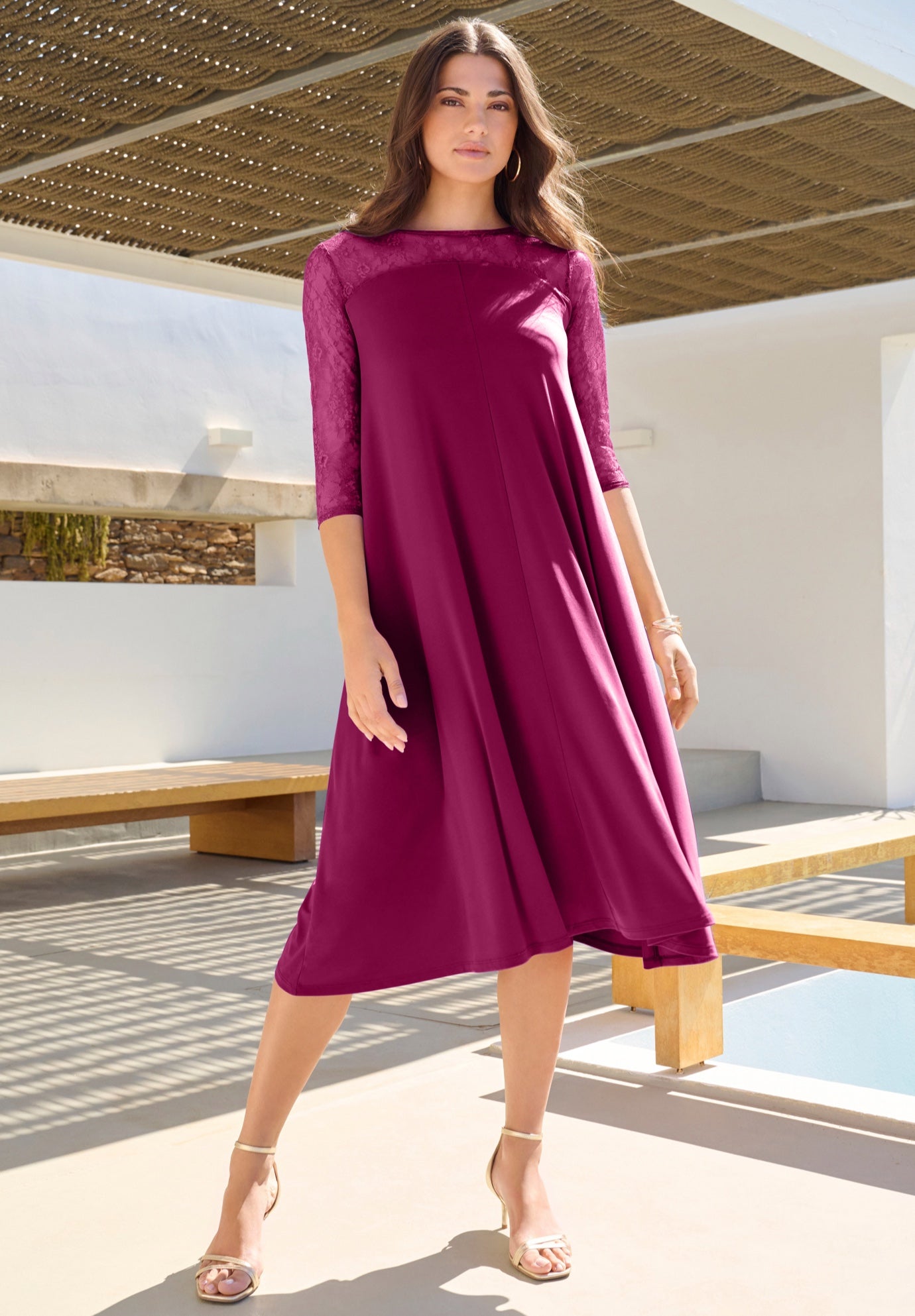 Plus Size Women's Plus Size 3/4 Sleeve Allover Lace Swing Dress by Roaman's in Berry Twist (Size 38/40)