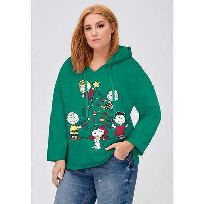 Plus Size Women's Peanuts Group Christmas Tree Hooded Sweatshirt by Peanuts in Green Peanuts Christmas (Size L)