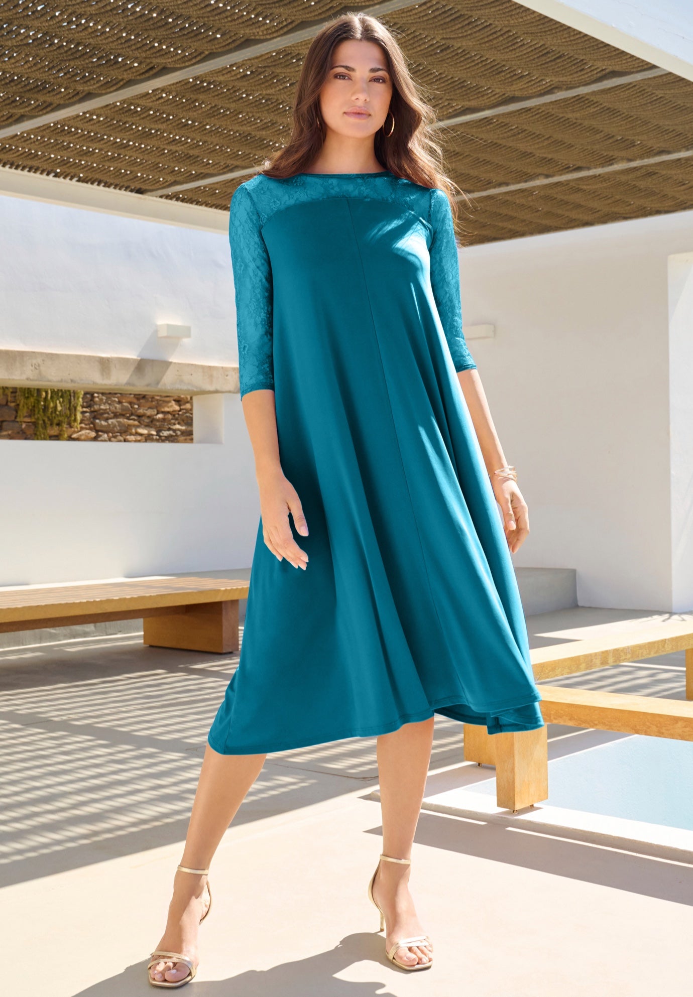 Plus Size Women's Plus Size 3/4 Sleeve Allover Lace Swing Dress by Roaman's in Deep Teal (Size 14/16)