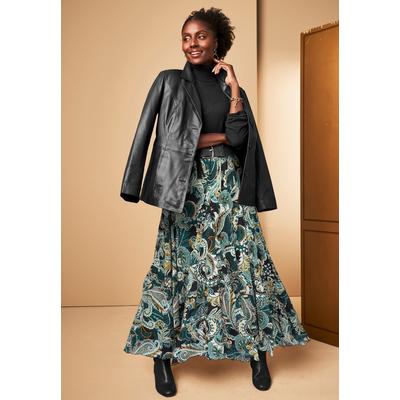 Plus Size Women's Flowing Crinkled Maxi Skirt by Jessica London in Emerald Paisley (Size 34) Elastic Waist 100% Cotton