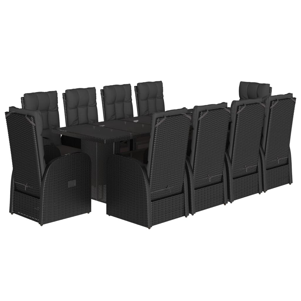 vidaXL 11-tlg. Garten-Essgruppe mit Kissen Schwarz Poly Rattan Image