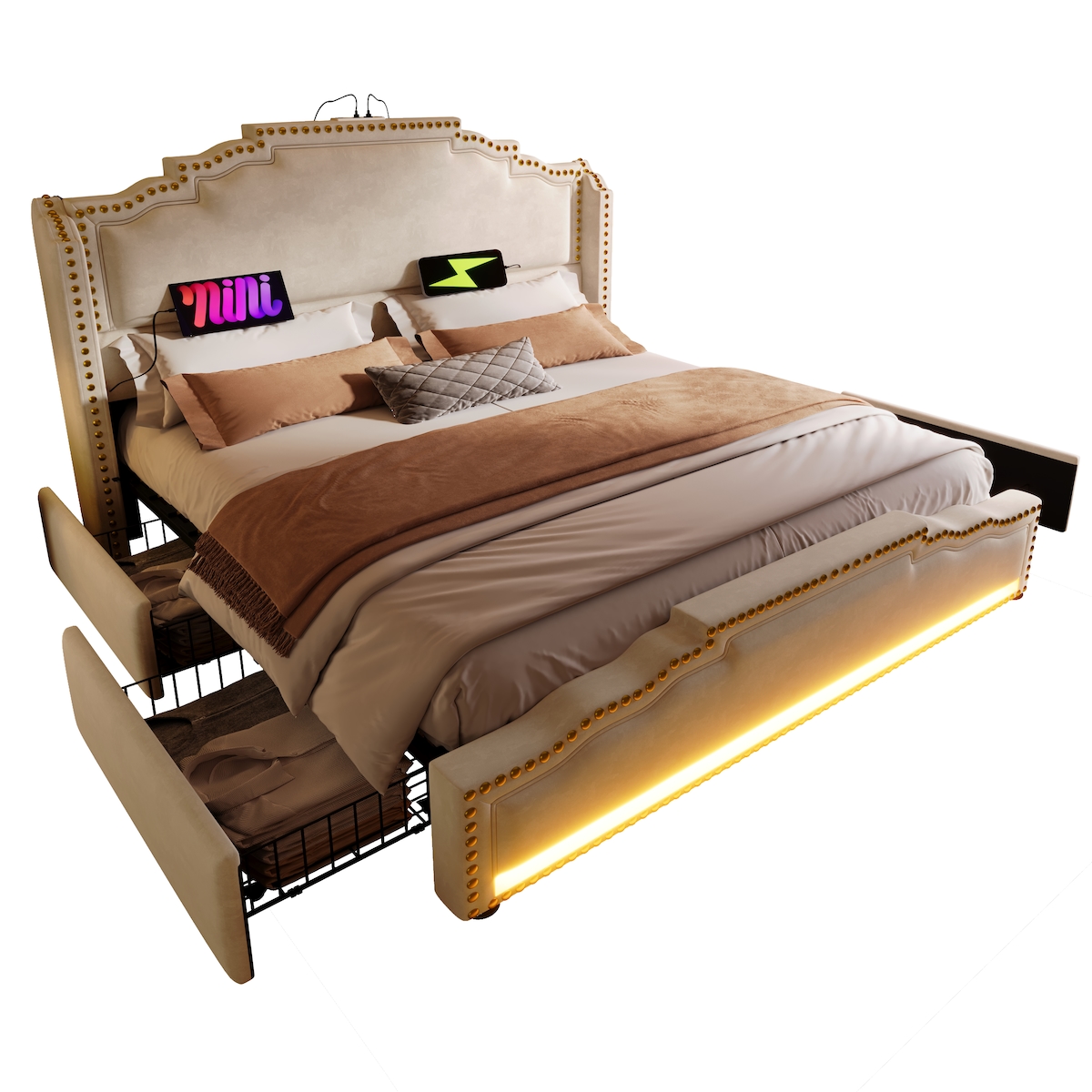 OKWISH Luxus Vintage Polsterbett 140x200 mit LED-Stimmungslicht, USB- und Type-C-Anschlüssen, großem Stauraum, robustem Metallrahmen, edlem Velours Beige Image