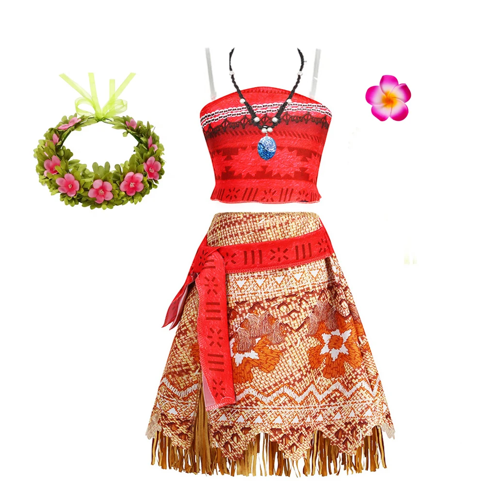 Mädchen Moana Kostüm Outfit Kinder Cosplay Prinzessin Kleid Sommer Casual Strand Kleid Halskette Perücke Set Party Kleider Für Mädchen Image