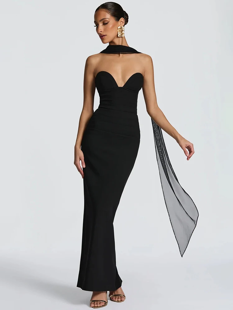 Mozision Off-schulter-Backless Sexy Maxi Kleid Frauen Kleid Elegante Zipper Halfter Ärmel Bodycon Club Party Lange Kleider Image