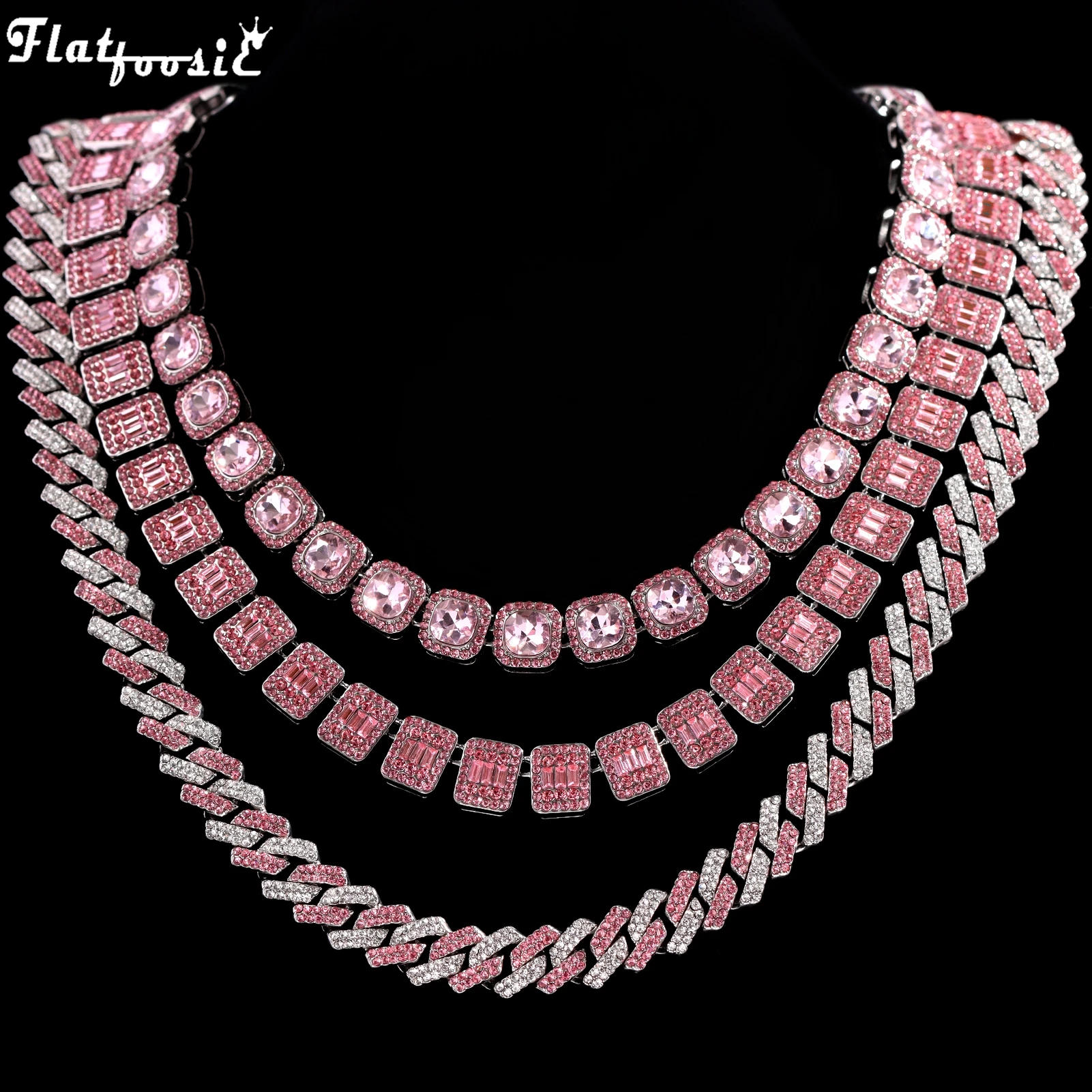 Hip Hop Rosa Kristall Kubanische Gliederkette Halskette für Frauen Bling Iced Out Silber Farbe Strass Gepflastert Choker Halsketten Schmuck