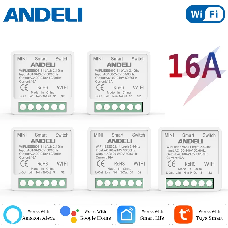 ANDELI DIY WiFi Mini Smart Lichtschalter 16A Zweiwegsteuerung Tuya/Smartlife APP Fernbedienung für Alexa Google Home Automation Image