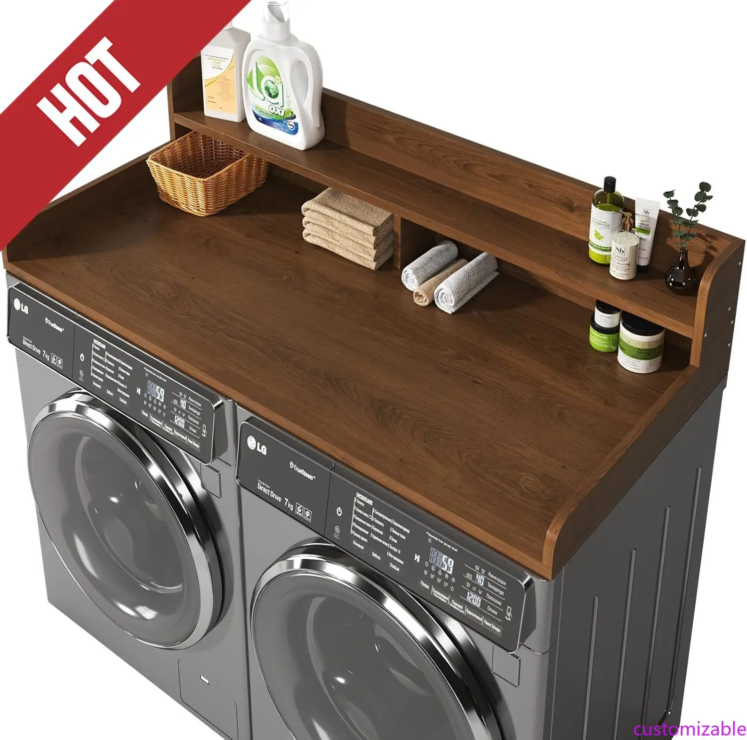 Customizable 2-Tier Washer and Dryer Countertop with 2.75" H Guard,54" W x 27.5" D Laundry Countertop Cover with Non-Slip Pad,La