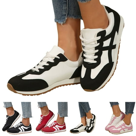 Dakaela Sneakers for Women Leather Suede Patchwork Non Slip Casual Walking Shoes Gym Tennis Running Wide Toe Box Shoes Black 7