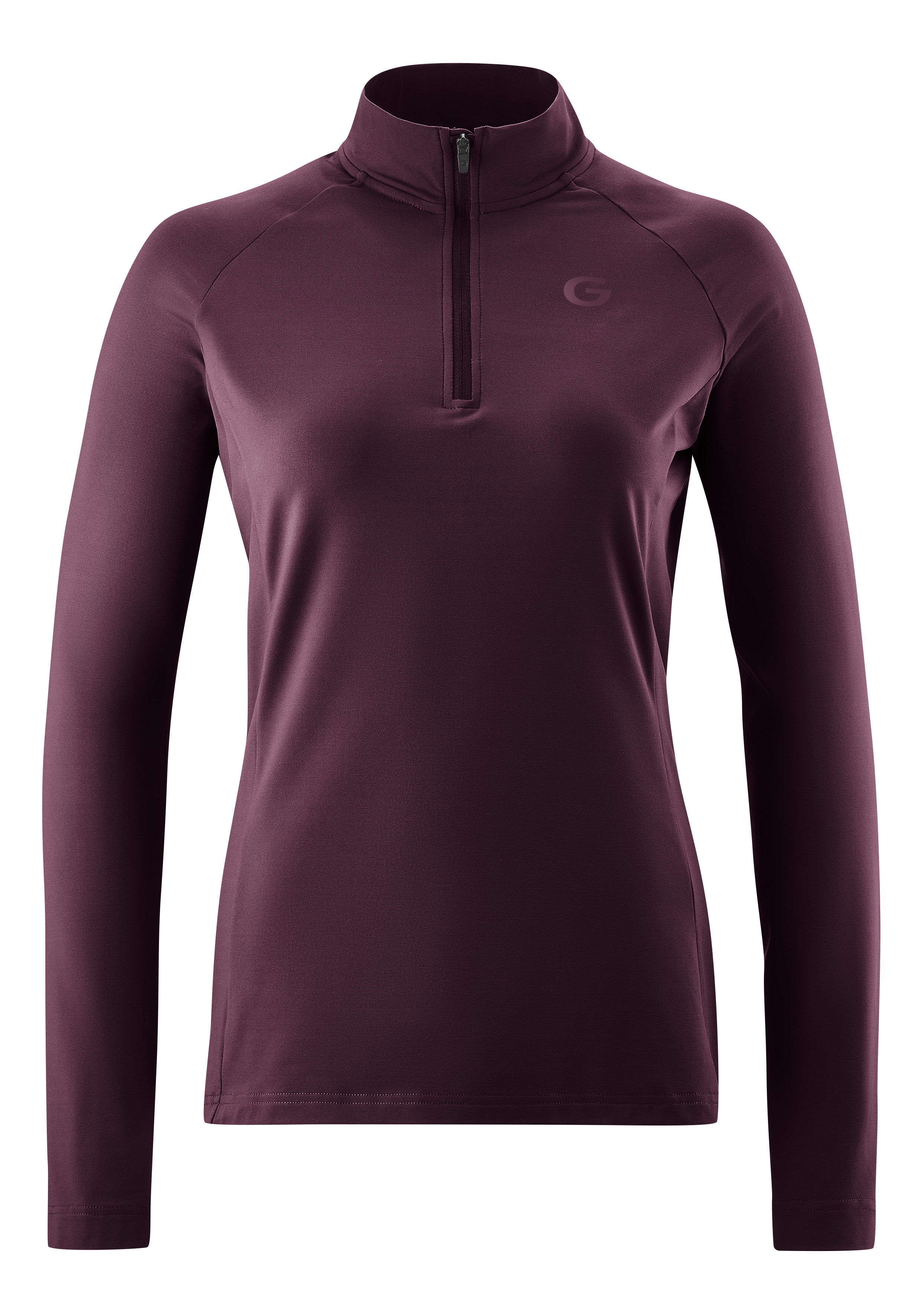 Radtrikot GONSO "Essential Jersey Longsleeve W", Damen, Gr. 46, rot (dunkelrot), 86% Polyester; 14% Elastan, hoch geschlossener Ausschnitt, Trikots, Damen Fahrradtrikot langarm, Midlayer Trikot Image