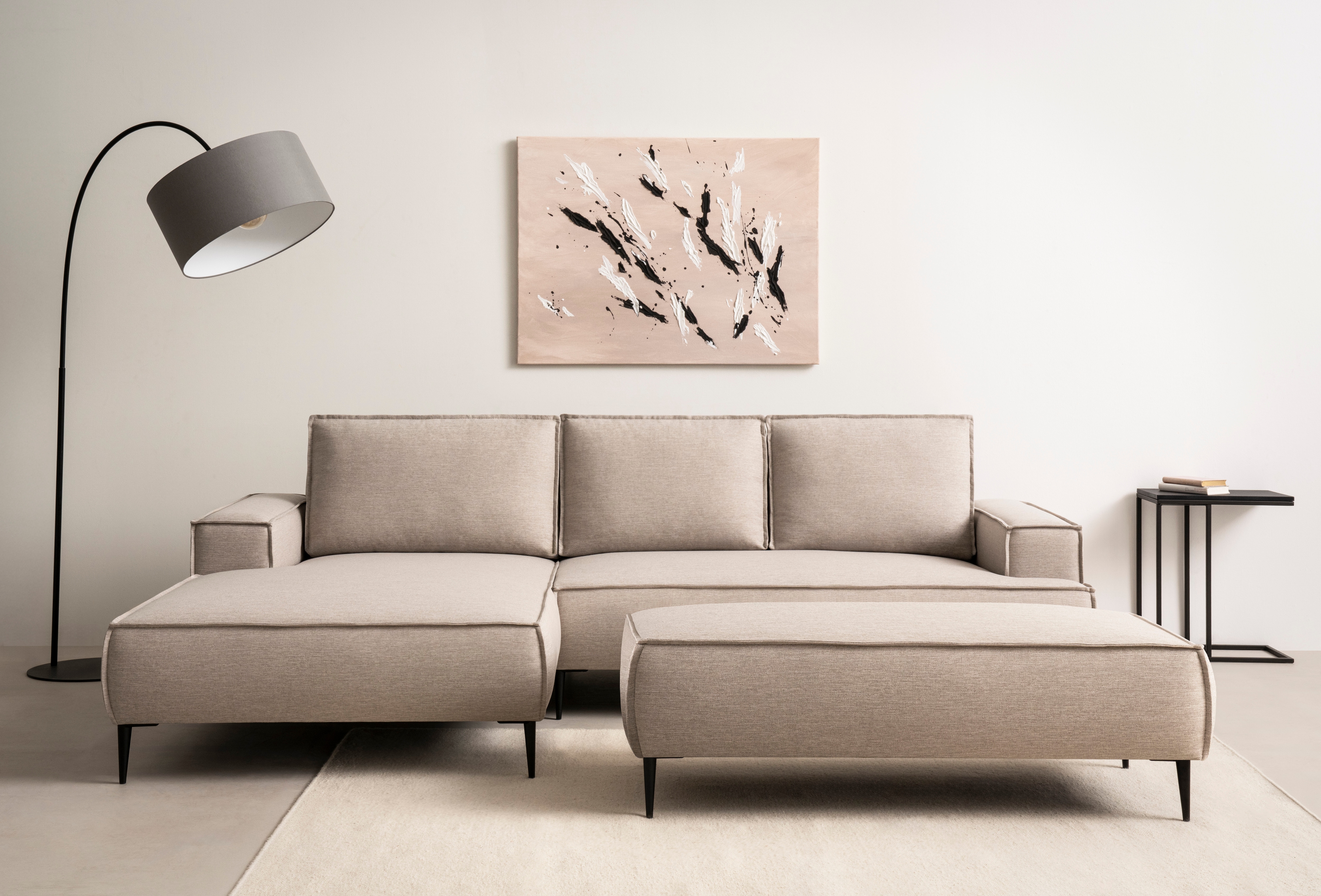 Sitzgruppe HOME AFFAIRE "TVINNU, Polsterecke L-Form, Schlaffunktion, mit Hocker", beige (hellbeige,), B:275cm H:83cm T:173cm, Sitzmöbel-Sets, Set, stellbar zum Schlafsofa (Krokodilverbinder)