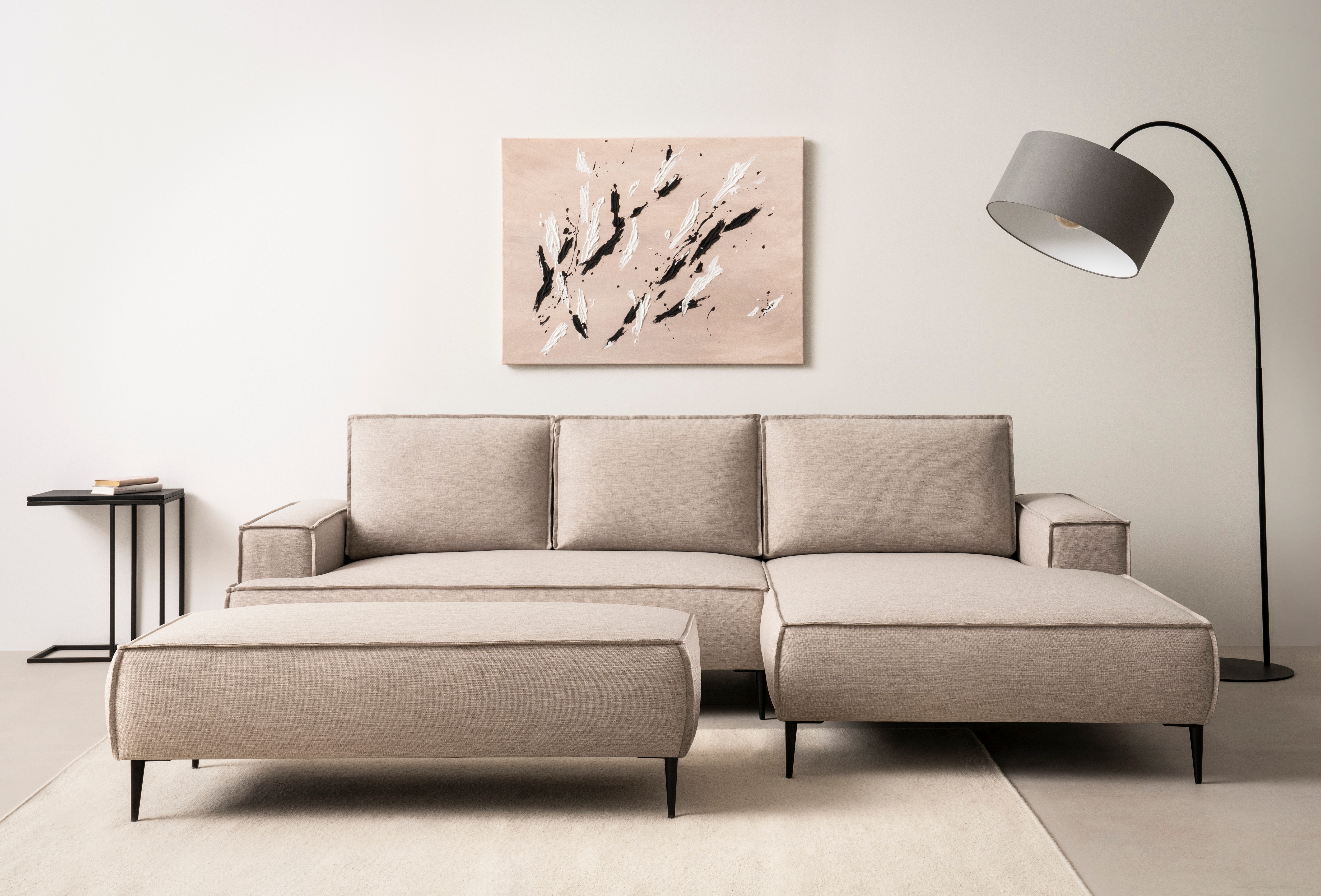 Sitzgruppe HOME AFFAIRE "TVINNU, Polsterecke L-Form, Schlaffunktion, mit Hocker", beige (hellbeige,), B:275cm H:83cm T:173cm, Sitzmöbel-Sets, Set, stellbar zum Schlafsofa (Krokodilverbinder)