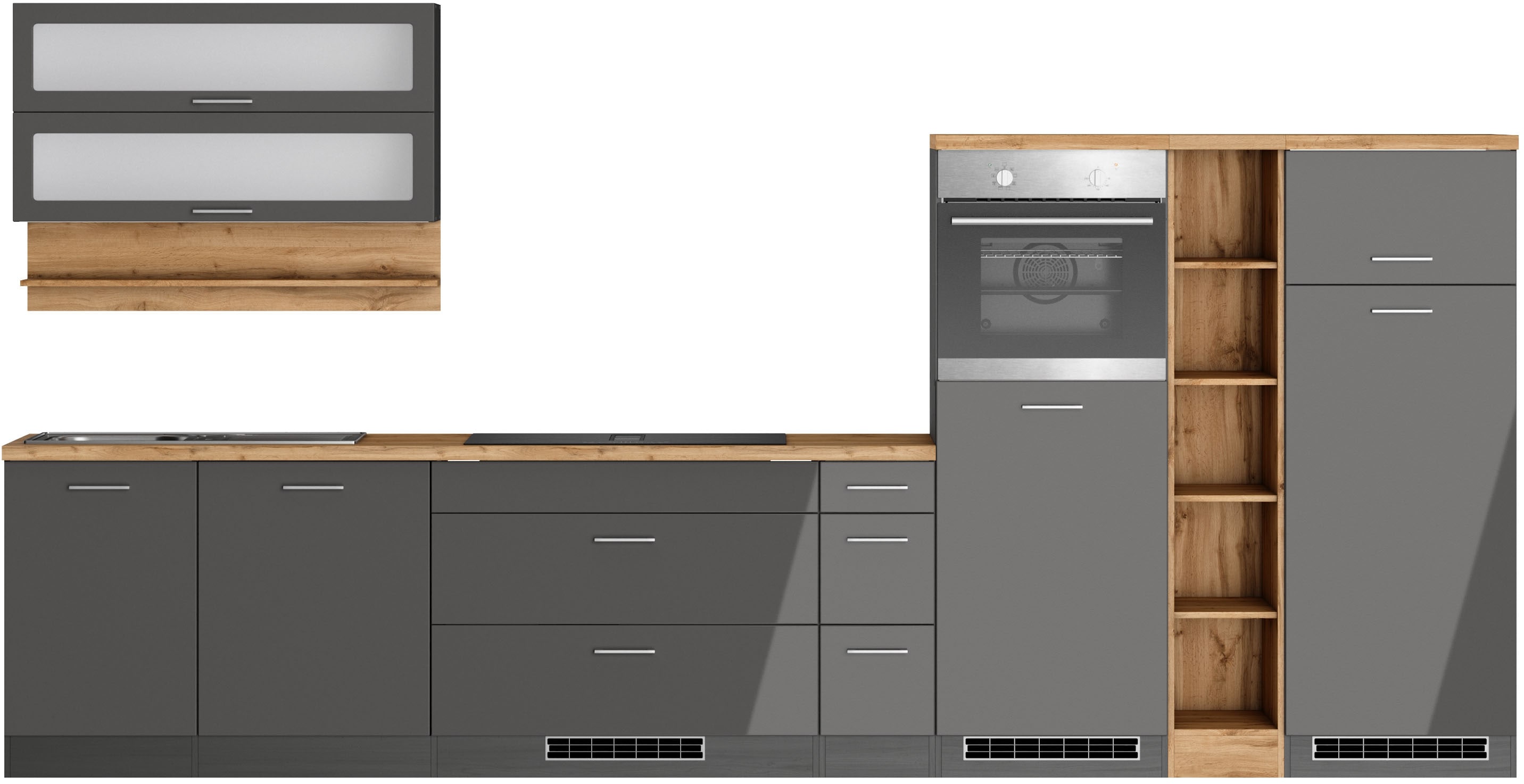 Küchenzeile KOCHSTATION "KS-Milan, optional mit Muldenlüfter", küche: grau, front: grau hochglanz, korpus: grafitgrau, arbeitsplatte: wotaneichefarben, B:390cm H:166cm T:60cm, Komplettküchen-Sets, Breite 390 cm, wahlweise mit E-Geräten, Kochfeld mit... Image