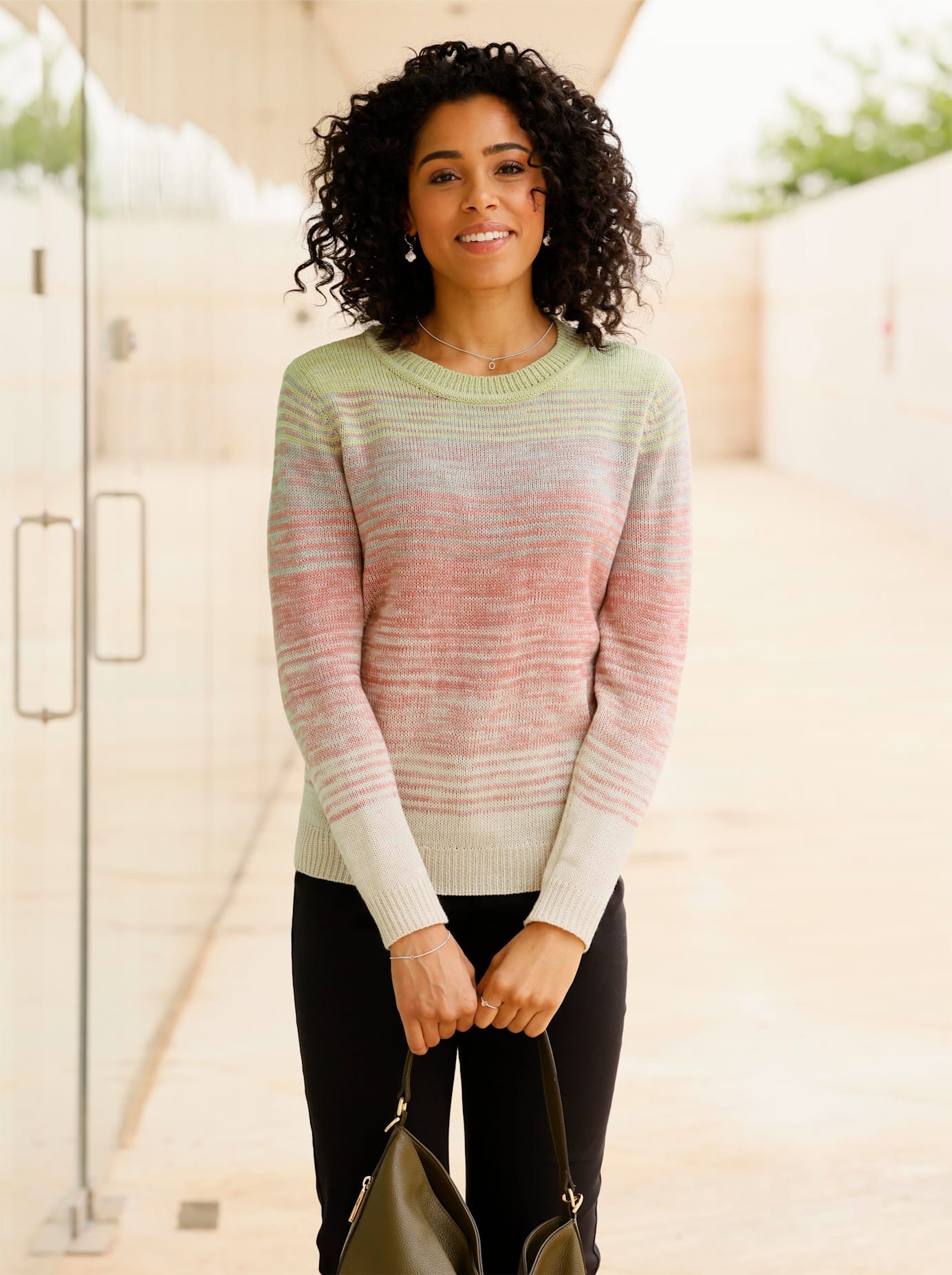 Strickpullover CLASSIC BASICS "Langarm-Pullover", Damen, Gr. 44, grün (lindgrün, rosenholz, gemustert), 100% Polyacryl, bedruckt, gemustert, mehrfarbig, Pullover Strickpullover