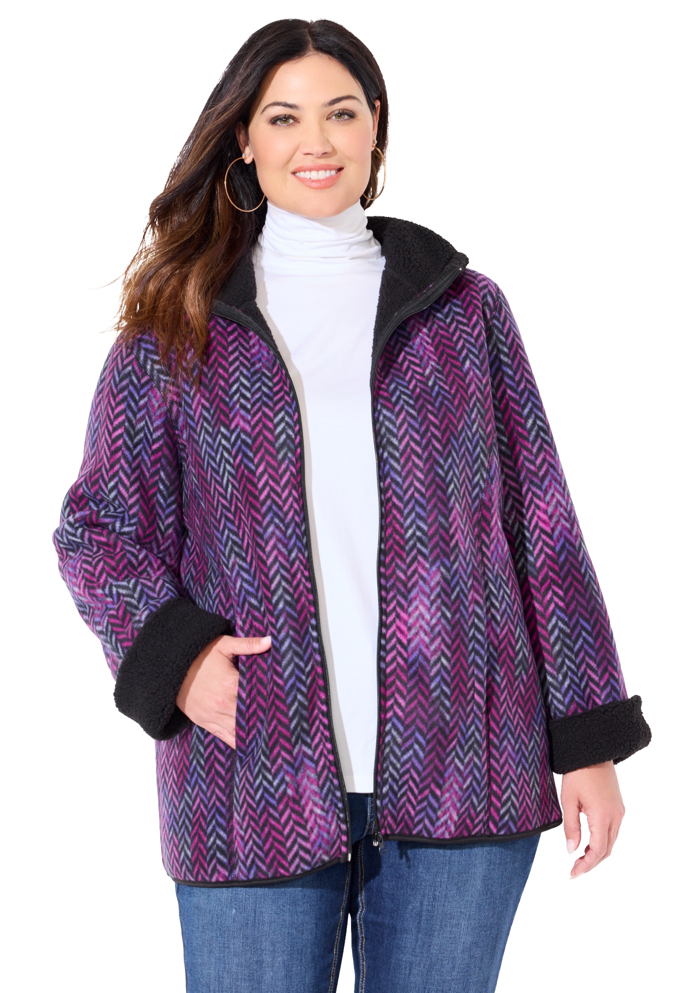 Plus Size Women's Printed Fleece Coat with Sherpa Lining by Catherines in Multi Chevron (Size 3XWP)